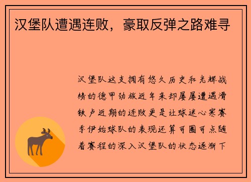 汉堡队遭遇连败，豪取反弹之路难寻