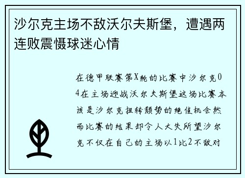 沙尔克主场不敌沃尔夫斯堡，遭遇两连败震慑球迷心情